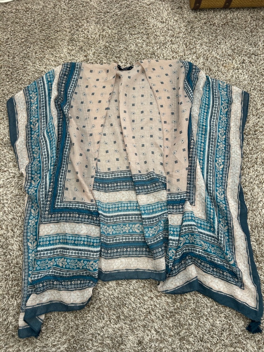 Lucky Brand Kimono Cardigan Womens One Size Blue Gray Eyelet Boho Tassles